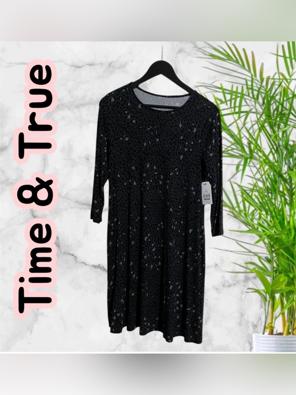 🖤NWT~Time and Tru Black and Gray Animal Print Swing style dress Lg Sleeve SZ S
